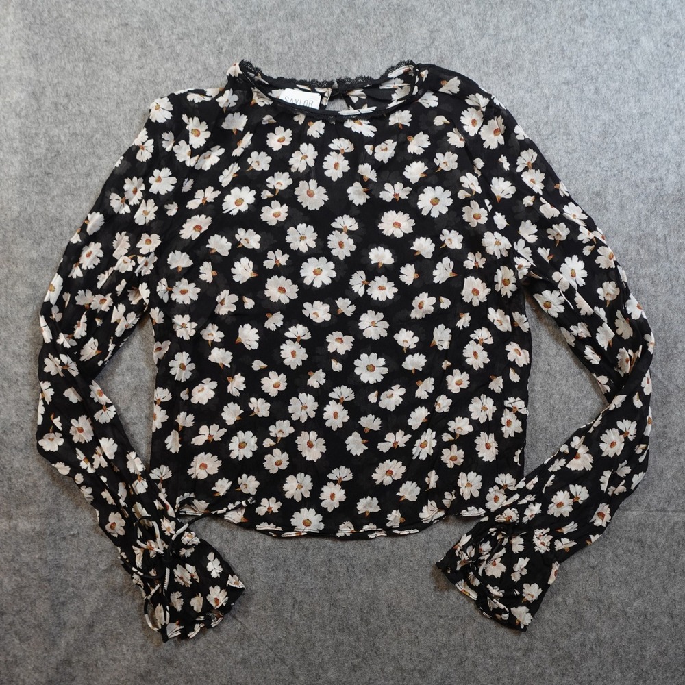 Saylor Top Womens XS/S? Black White Floral Daisy Long Sleeve Blouse Lace Trim